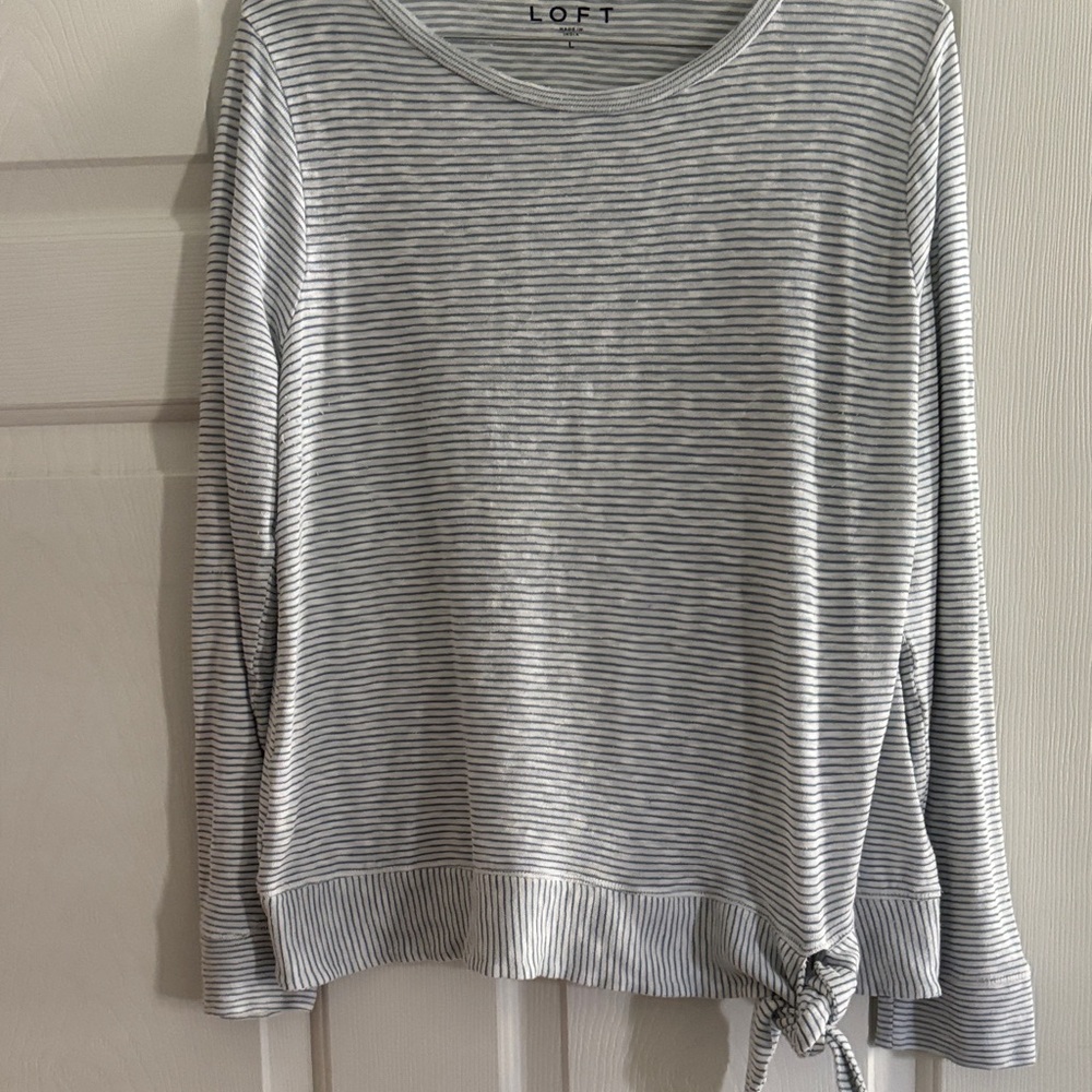 LOFT Blue and White Striped Tie-Hem Sweatshirt